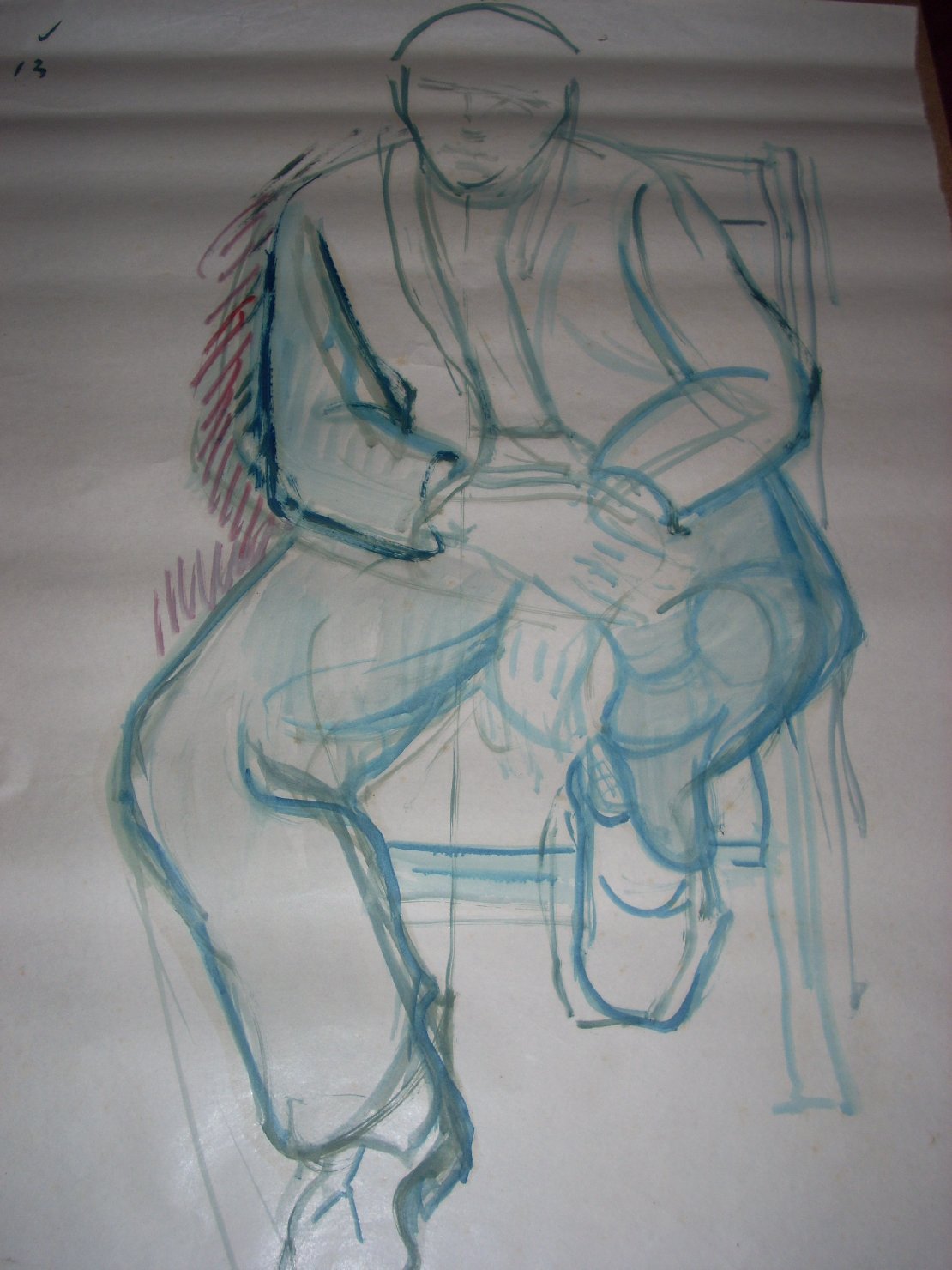 Uomo seduto in verde, figura maschile seduta (disegno) di Ciamarra Elena (sec. XX)