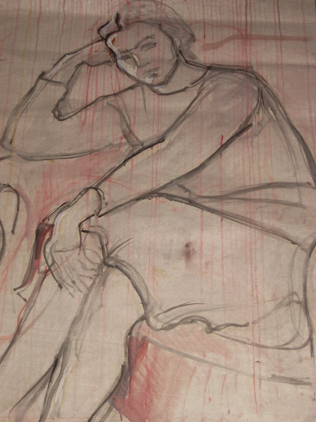 Donna irrequieta su fondo rosa, figura femminile seduta (disegno) di Ciamarra Elena (sec. XX)