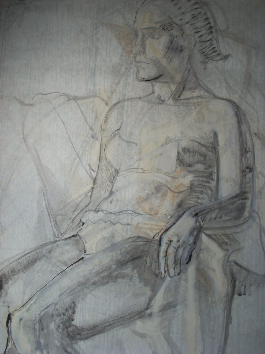 Donna in intimo su lenzuolo, figura femminile seduta (disegno) di Ciamarra Elena (sec. XX)