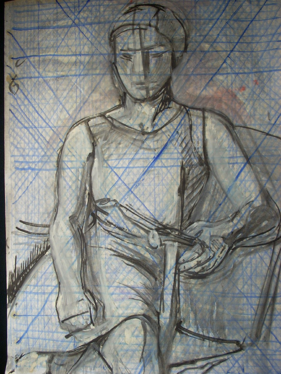 Donna con abito smanicato, figura femminile seduta (disegno) di Ciamarra Elena (sec. XX)