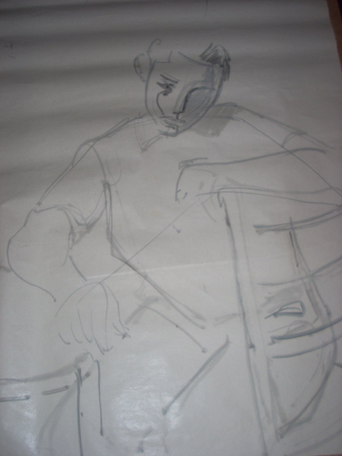 Ragazzo con tavolo e sedia in grigio, figura maschile seduta (disegno) di Ciamarra Elena (sec. XX)