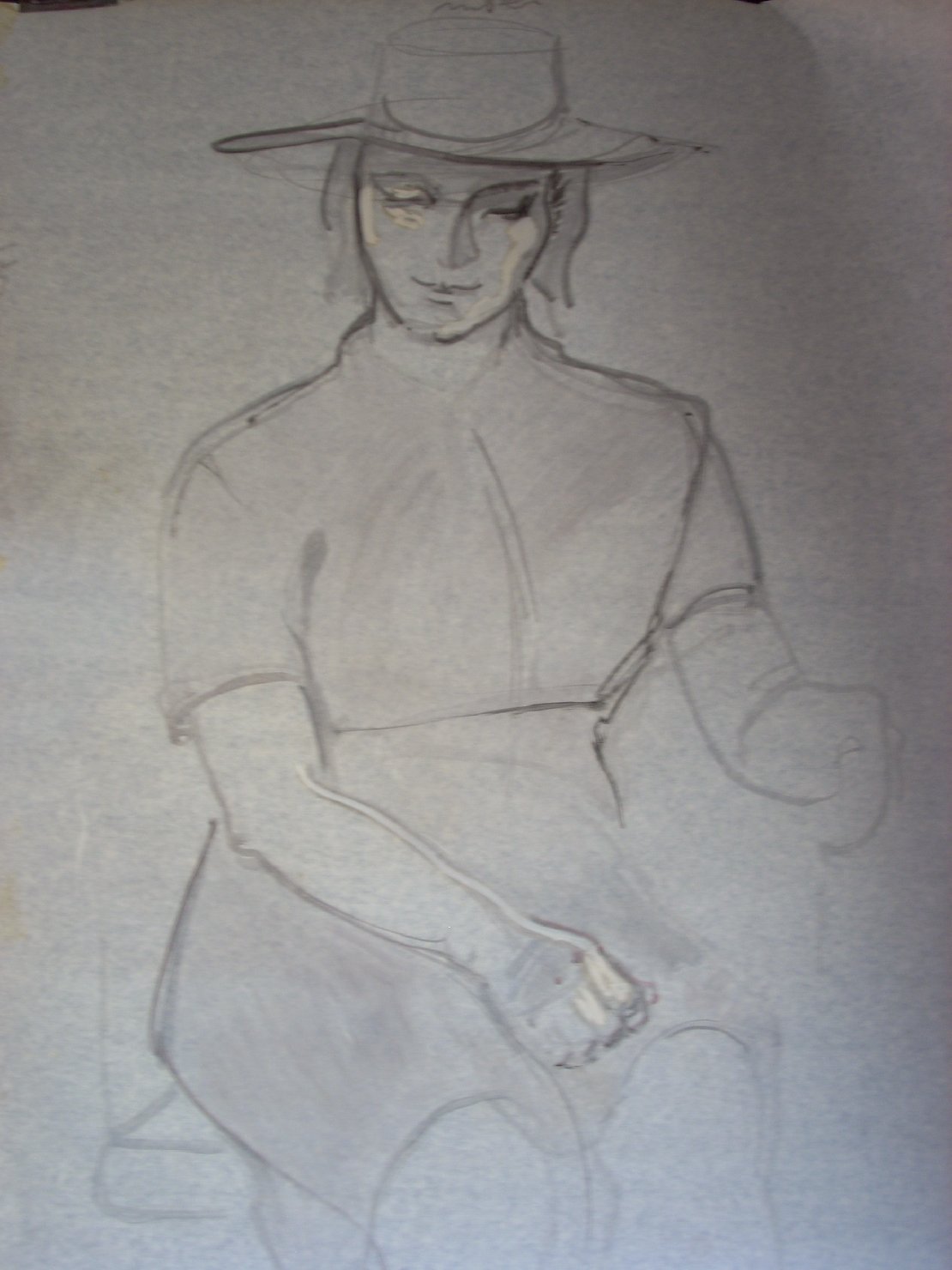 Donna con cappello e vestito grigio, figura femminile seduta (disegno) di Ciamarra Elena (sec. XX)