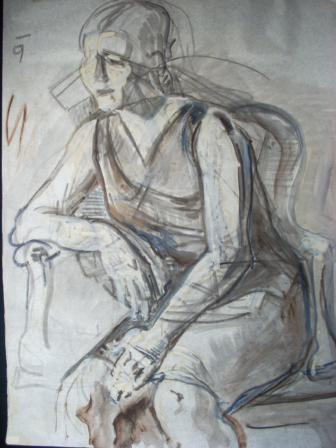 Donna di tre quarti con smanicato, figura femminile seduta (disegno) di Ciamarra Elena (sec. XX)