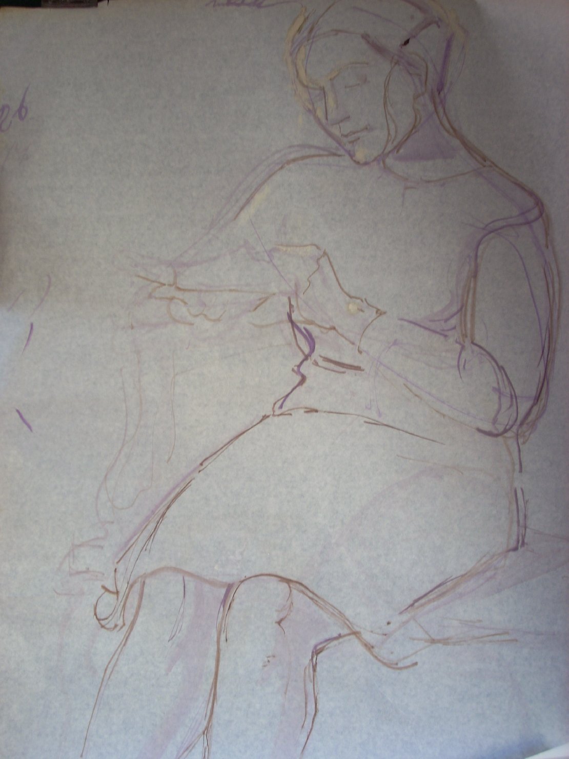 Lettrice in viola e marrone, figura femminile seduta (disegno) di Ciamarra Elena (sec. XX)