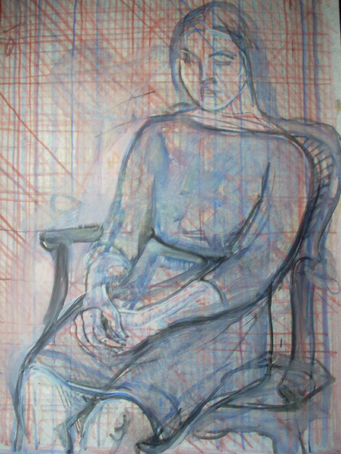 Sagoma in blu, figura femminile seduta (disegno) di Ciamarra Elena (sec. XX)