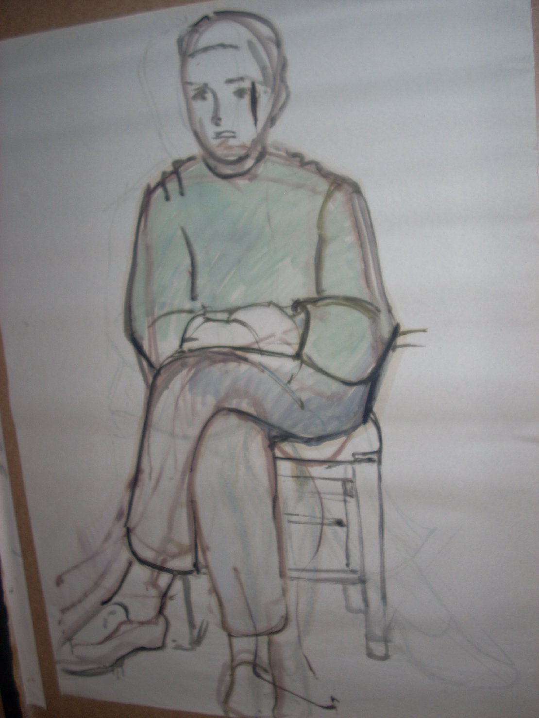 Ragazzo seduto con maglia azzurra, figura maschile seduta (disegno) di Ciamarra Elena (sec. XX)