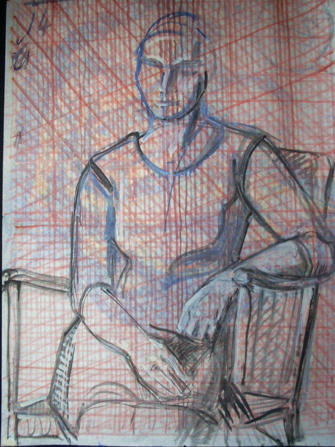 Tratti di donna in blu su fondo rosso, figura femminile seduta (disegno) di Ciamarra Elena (sec. XX)