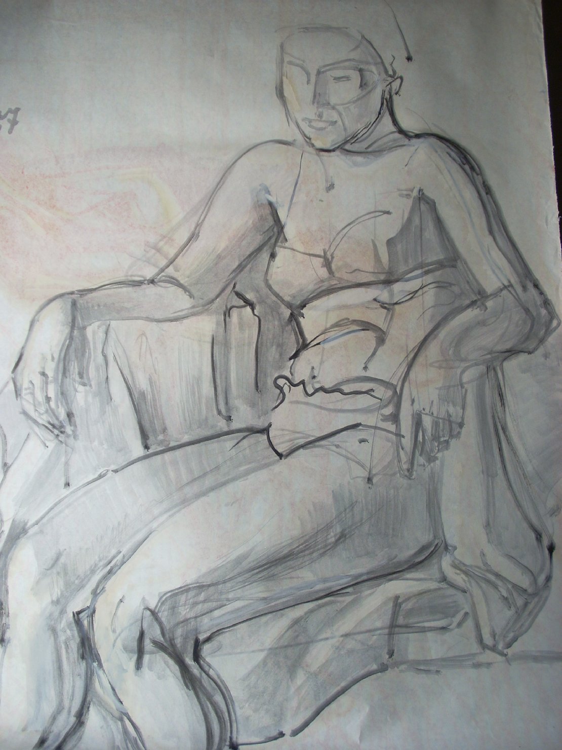 Donna in costume stesa su velo, figura femminile seduta (disegno) di Ciamarra Elena (sec. XX)