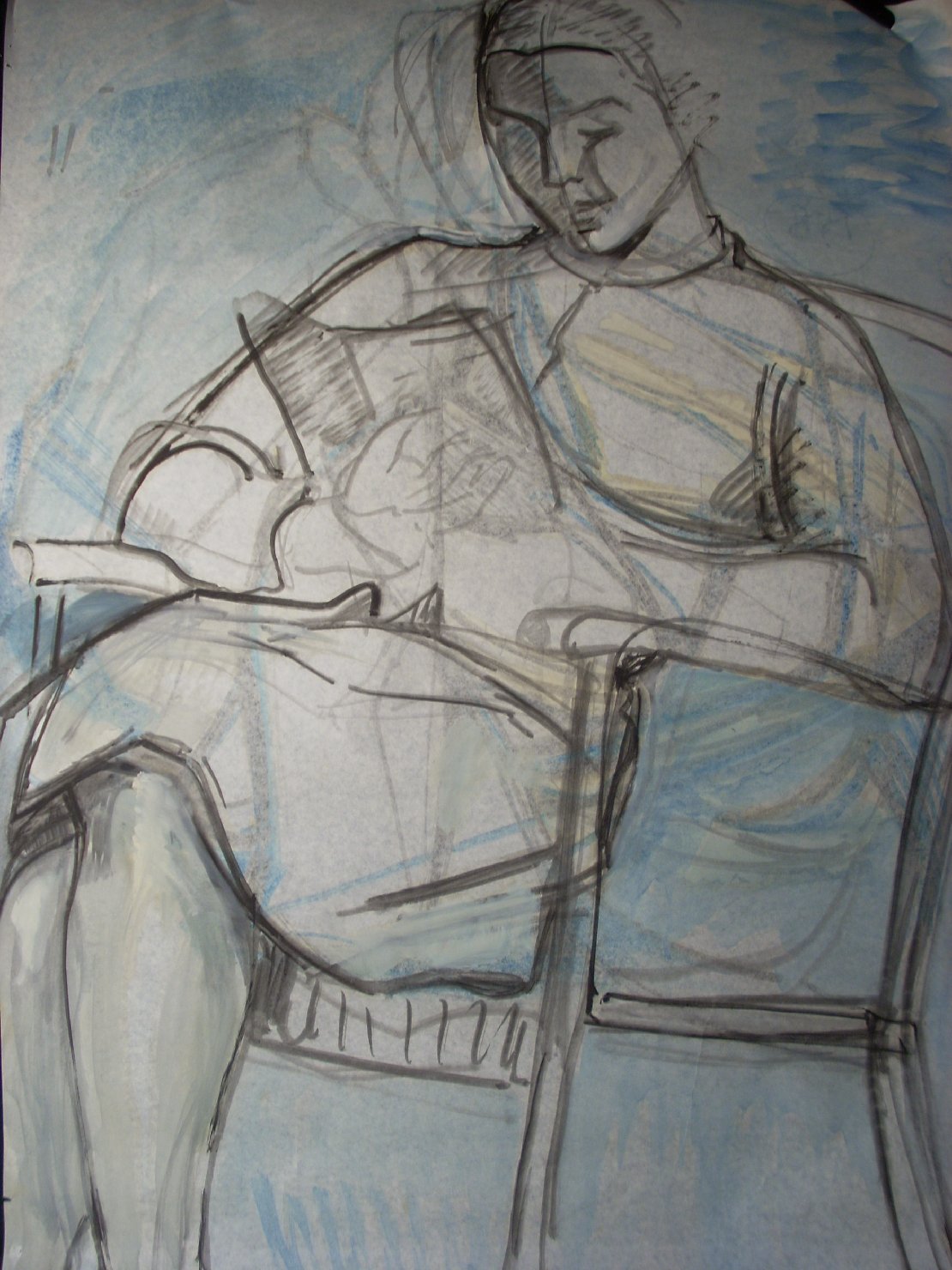Lettrice in blu unito, figura femminile seduta (disegno) di Ciamarra Elena (sec. XX)