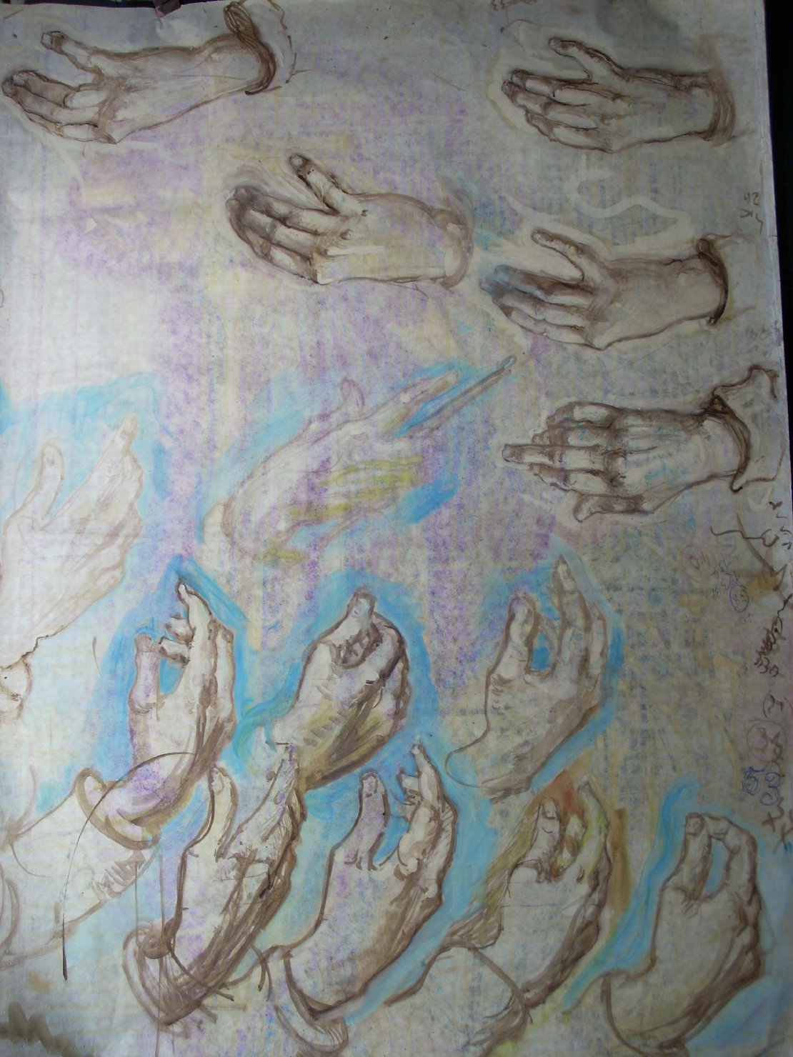 Studio di mani in blu e marrone, studio di mani (disegno) di Ciamarra Elena (sec. XX)