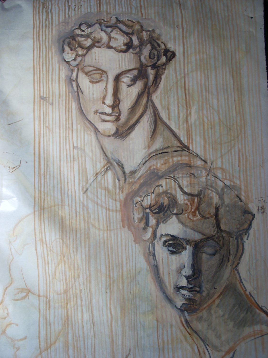 Due teste di gesso in senape e nero, testa d'uomo (disegno) di Ciamarra Elena (sec. XX)