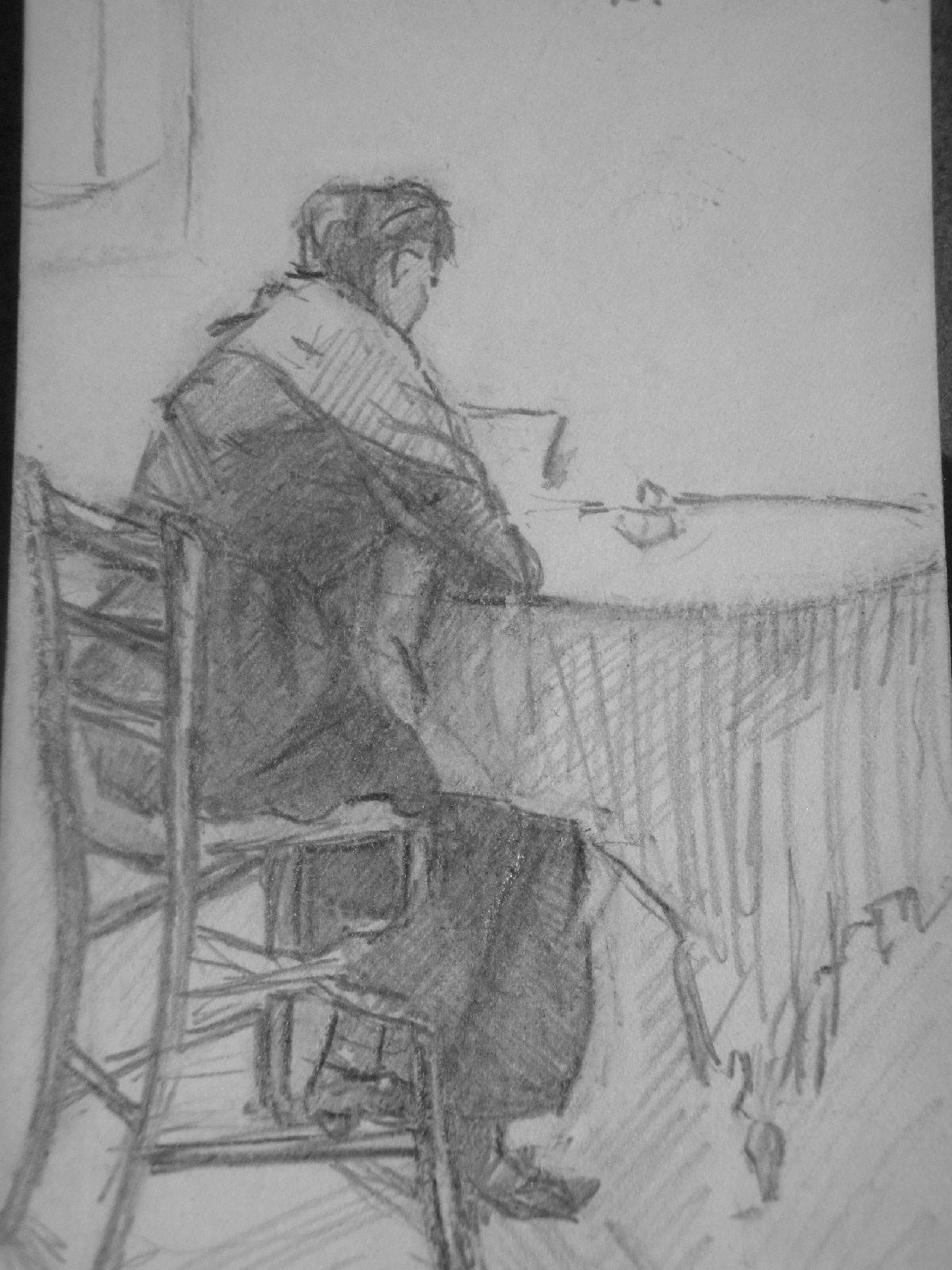 Una zia appoggiata al tavolo, figura femminile seduta (disegno) di Ciamarra Elena (sec. XX)