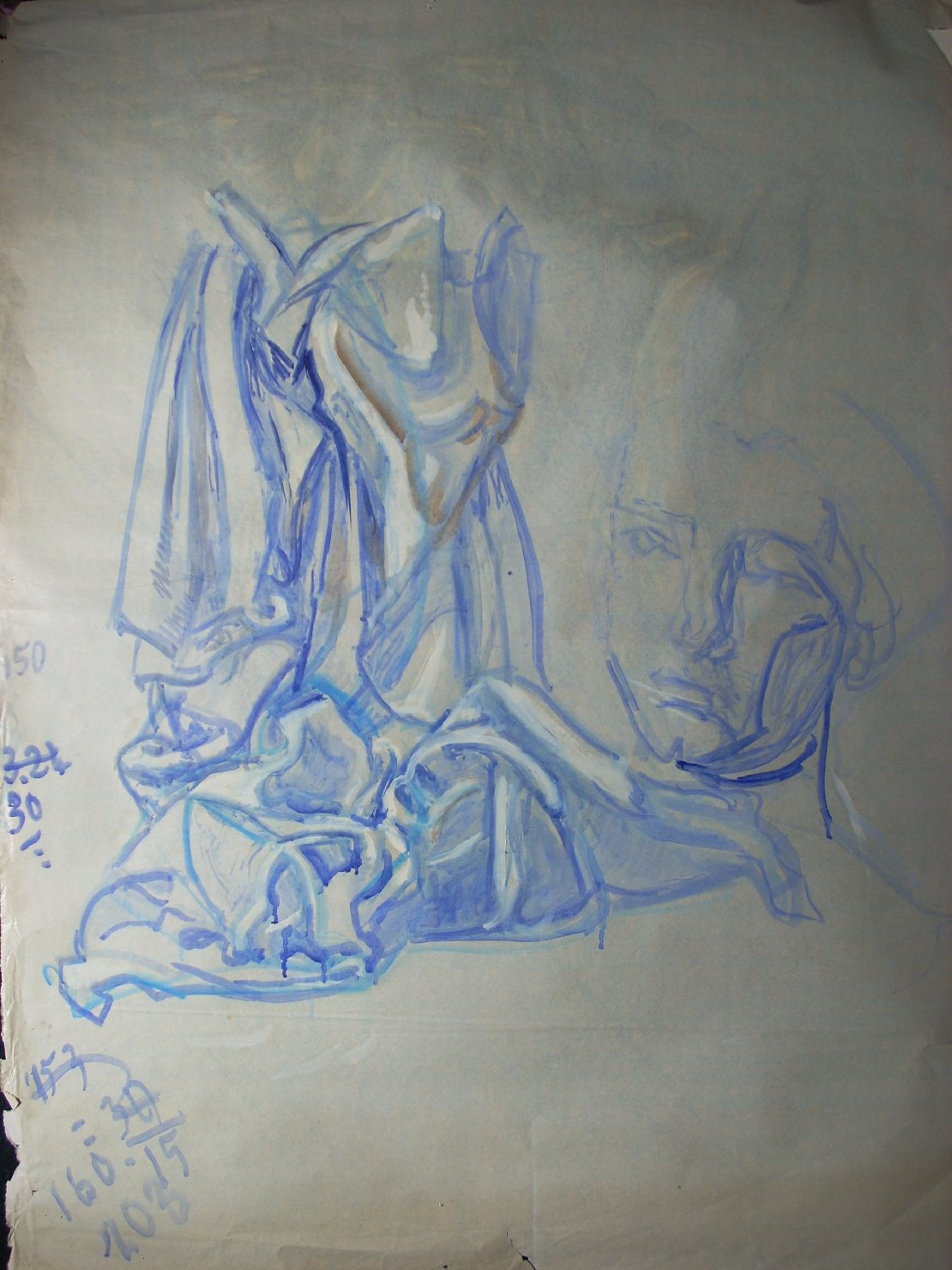 Piega e testa umana in blu (disegno) di Ciamarra Elena (sec. XX)