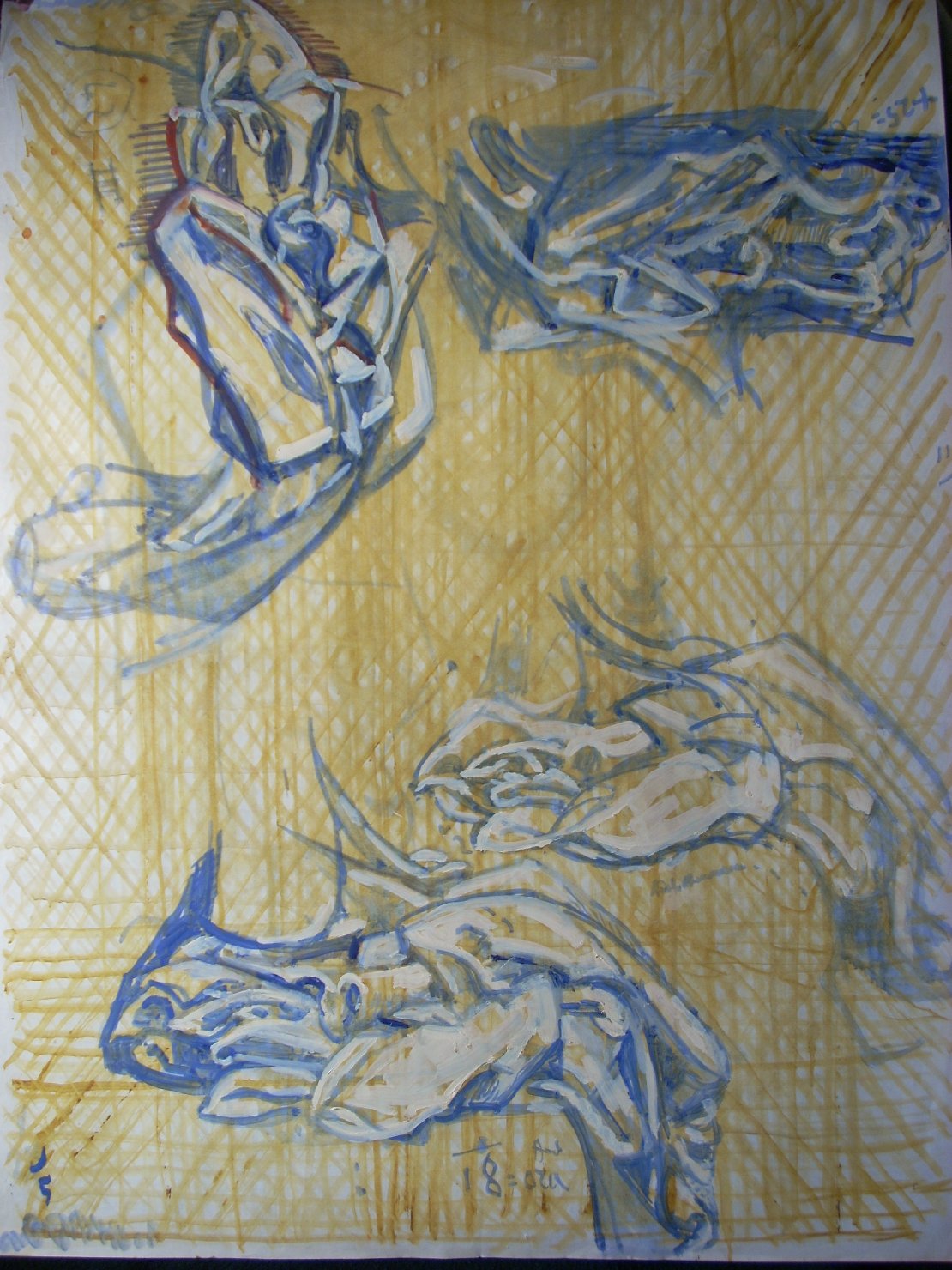 Quattro pieghe in blu su fondo senape (disegno) di Ciamarra Elena (sec. XX)