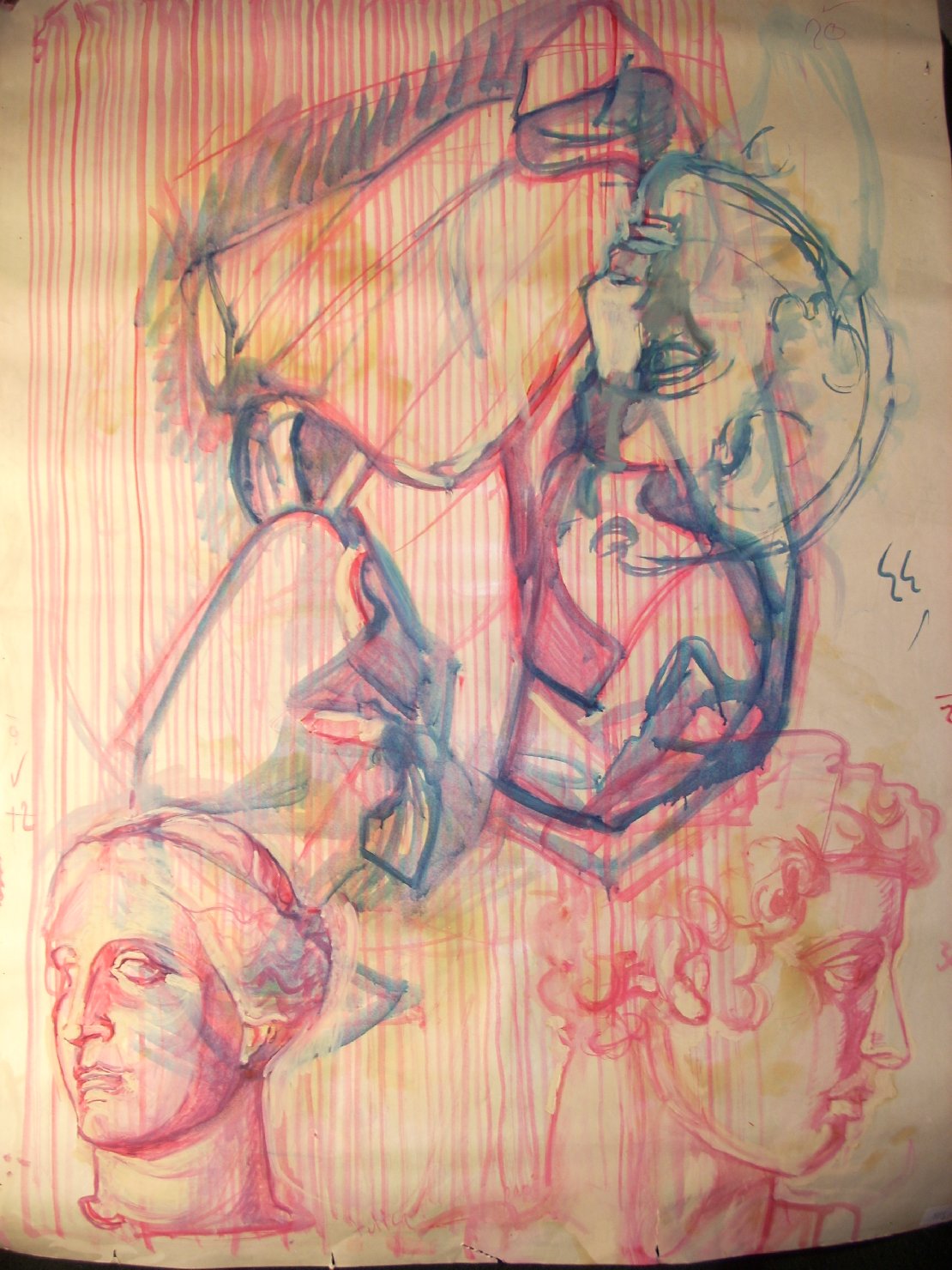 Tre teste e una piega in rosa e blu, studio di teste (disegno) di Ciamarra Elena (sec. XX)