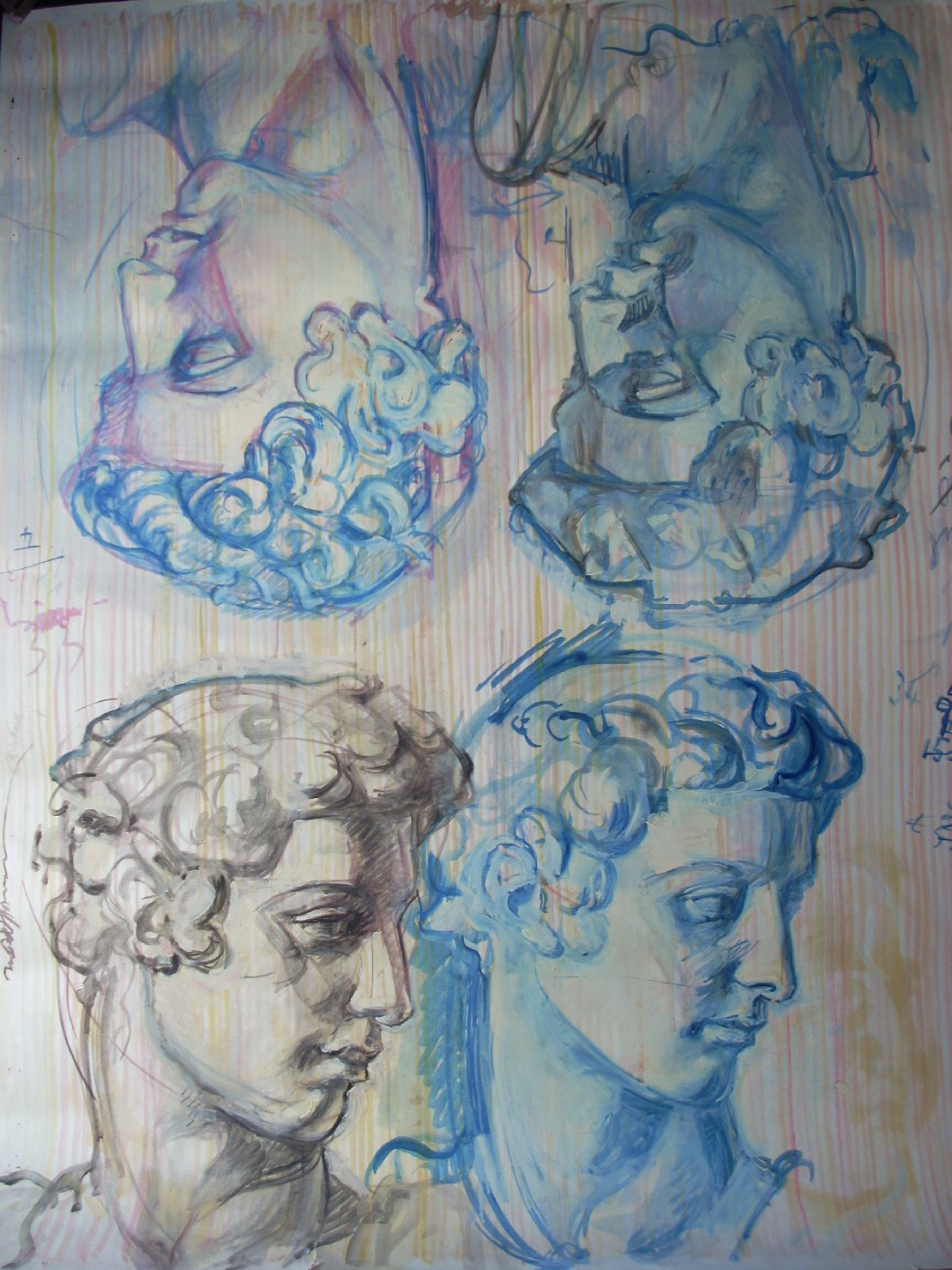 Quattro profili di teste di gesso maschili, testa d'uomo di profilo (disegno) di Ciamarra Elena (sec. XX)
