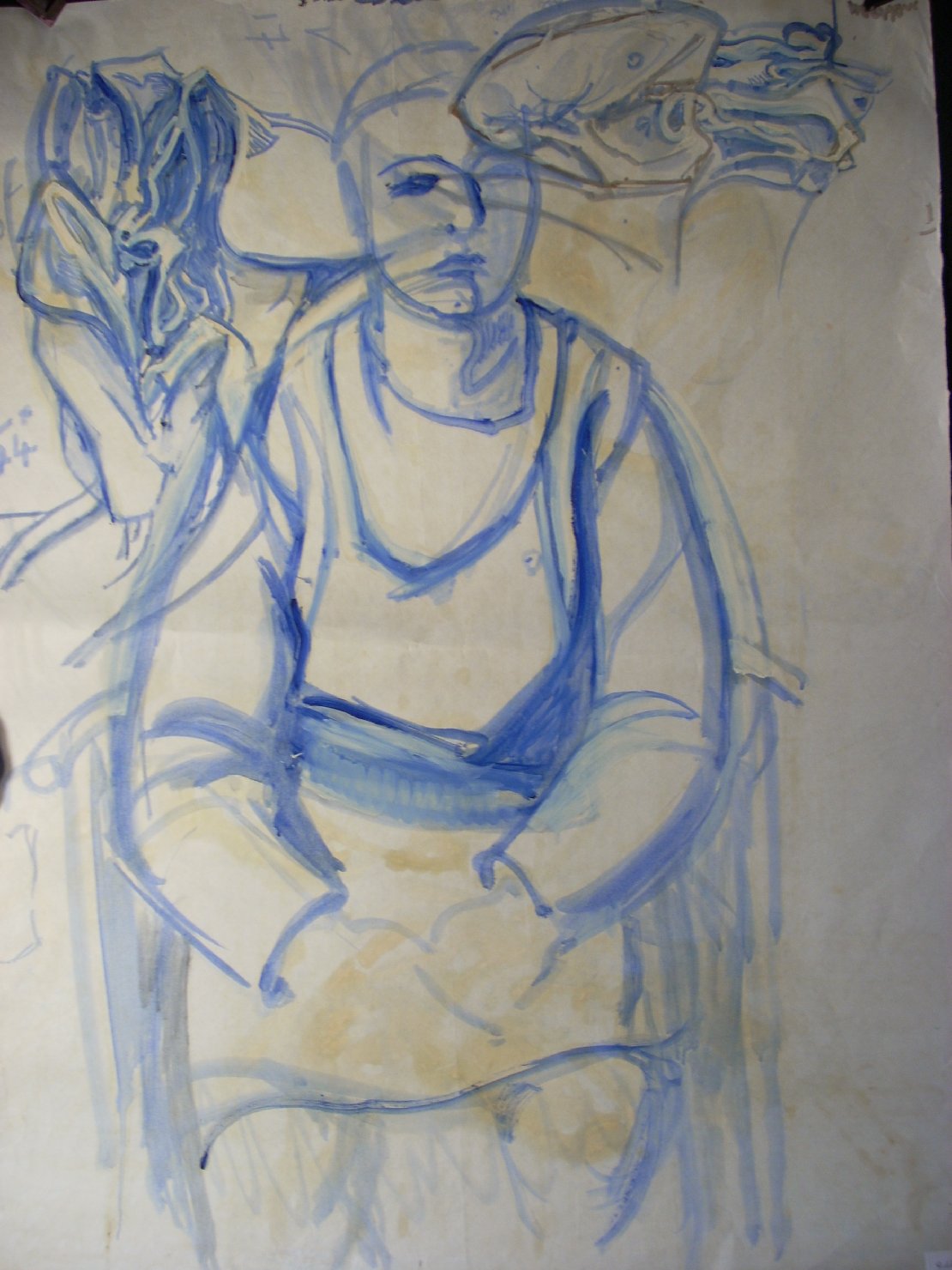 Due pieghe e una ragazza in blu, figura femminile (disegno) di Ciamarra Elena (sec. XX)