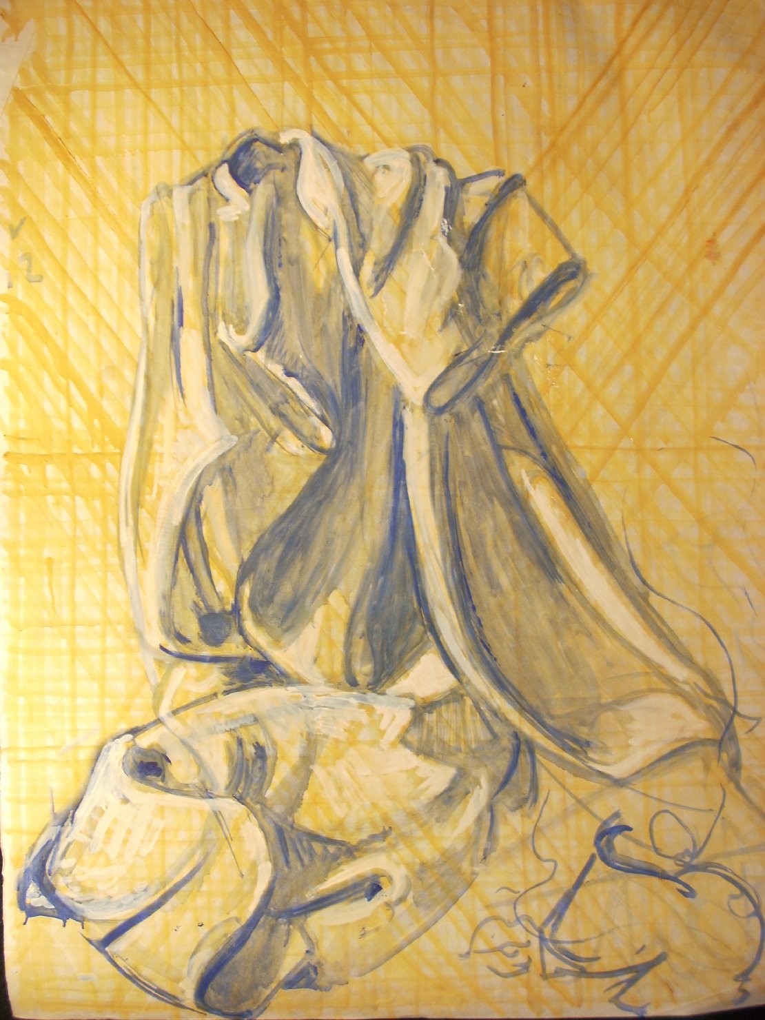 Grande piega in blu su fondo senape (disegno) di Ciamarra Elena (sec. XX)