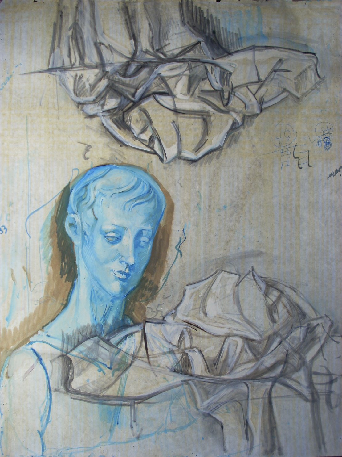 Due pieghe e una testa in blu e bianco, figura (disegno) di Ciamarra Elena (sec. XX)