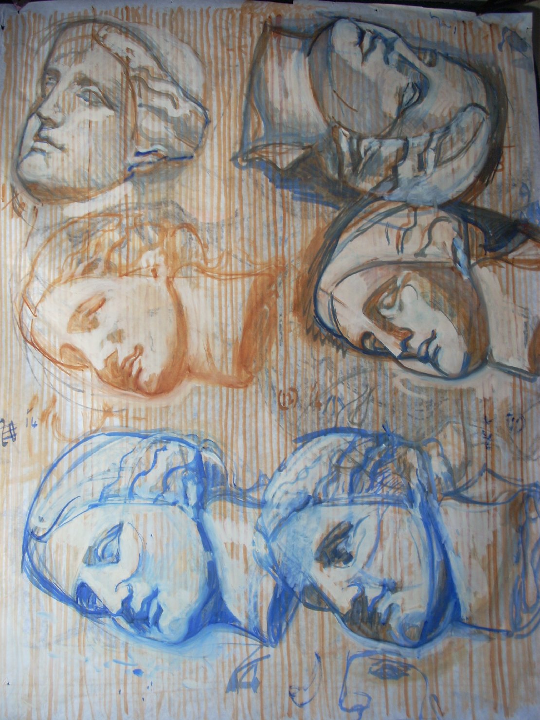 Teste femminili in arancio e blu, testa di donna (disegno) di Ciamarra Elena (sec. XX)