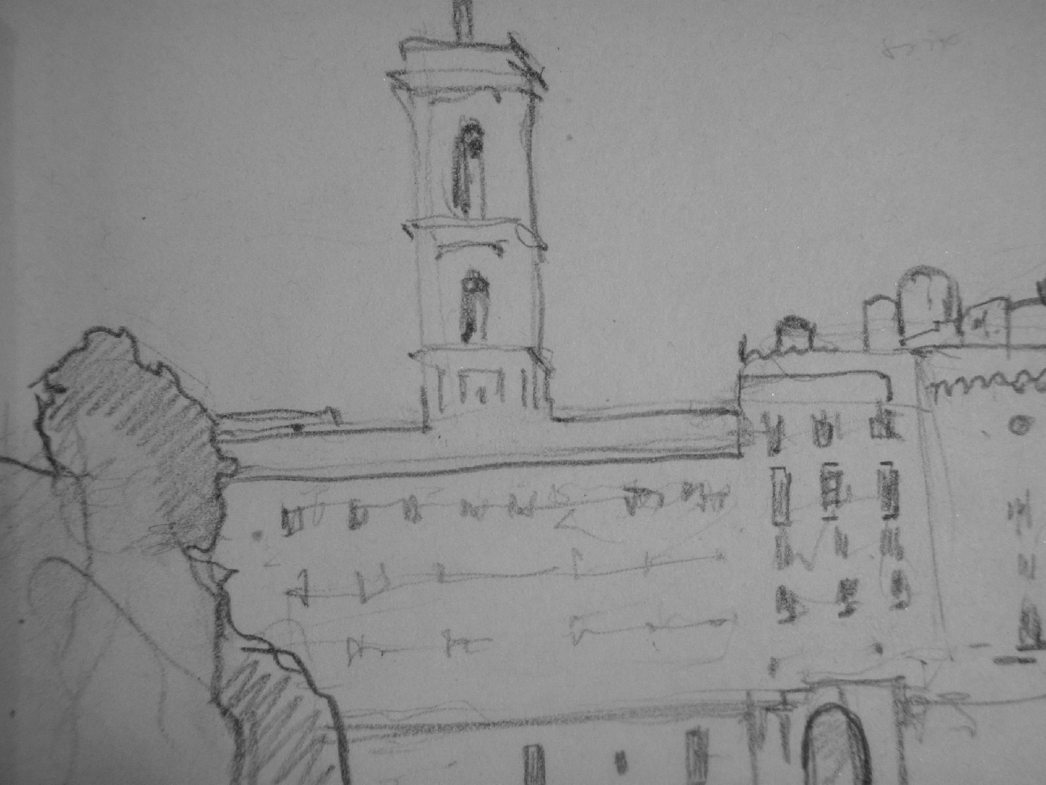 Schizzetto di monumento, paesaggio con architetture (disegno) di Ciamarra Elena (sec. XX)