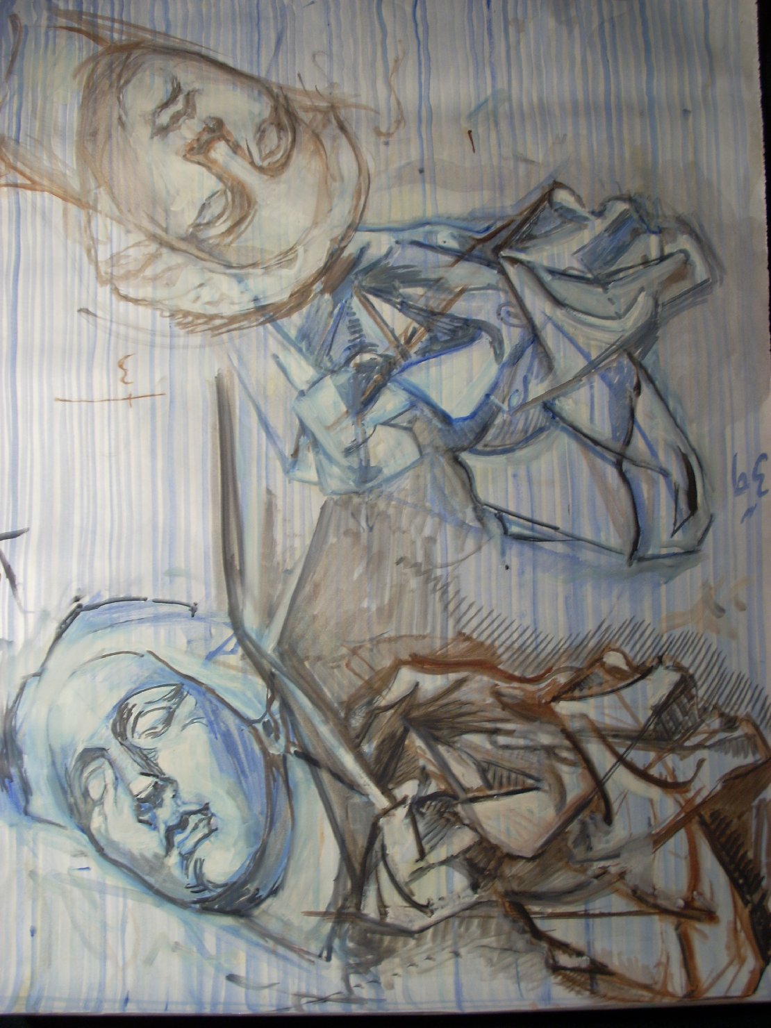 Pieghe e teste in blu e marrone 1, testa di donna (disegno) di Ciamarra Elena (sec. XX)