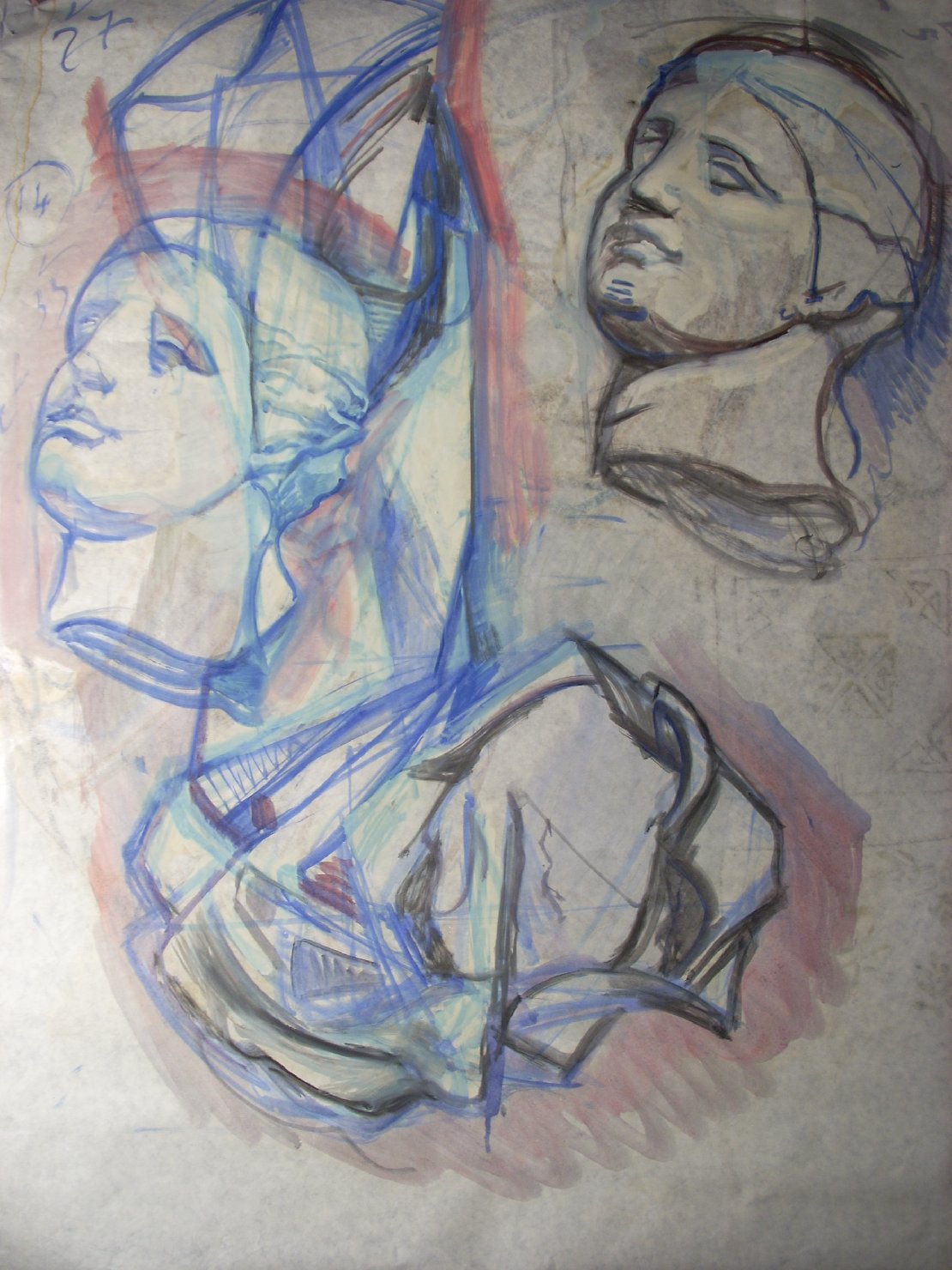 Pieghe e teste in blu e rosa, testa di donna (disegno) di Ciamarra Elena (sec. XX)