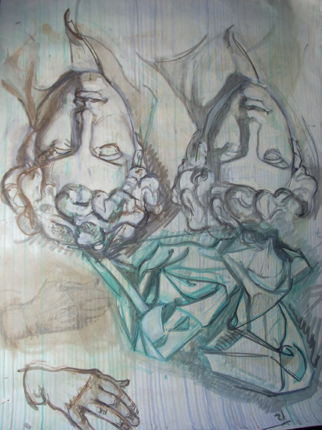 Due teste maschili, due mani, una piega, testa d'uomo (disegno) di Ciamarra Elena (sec. XX)