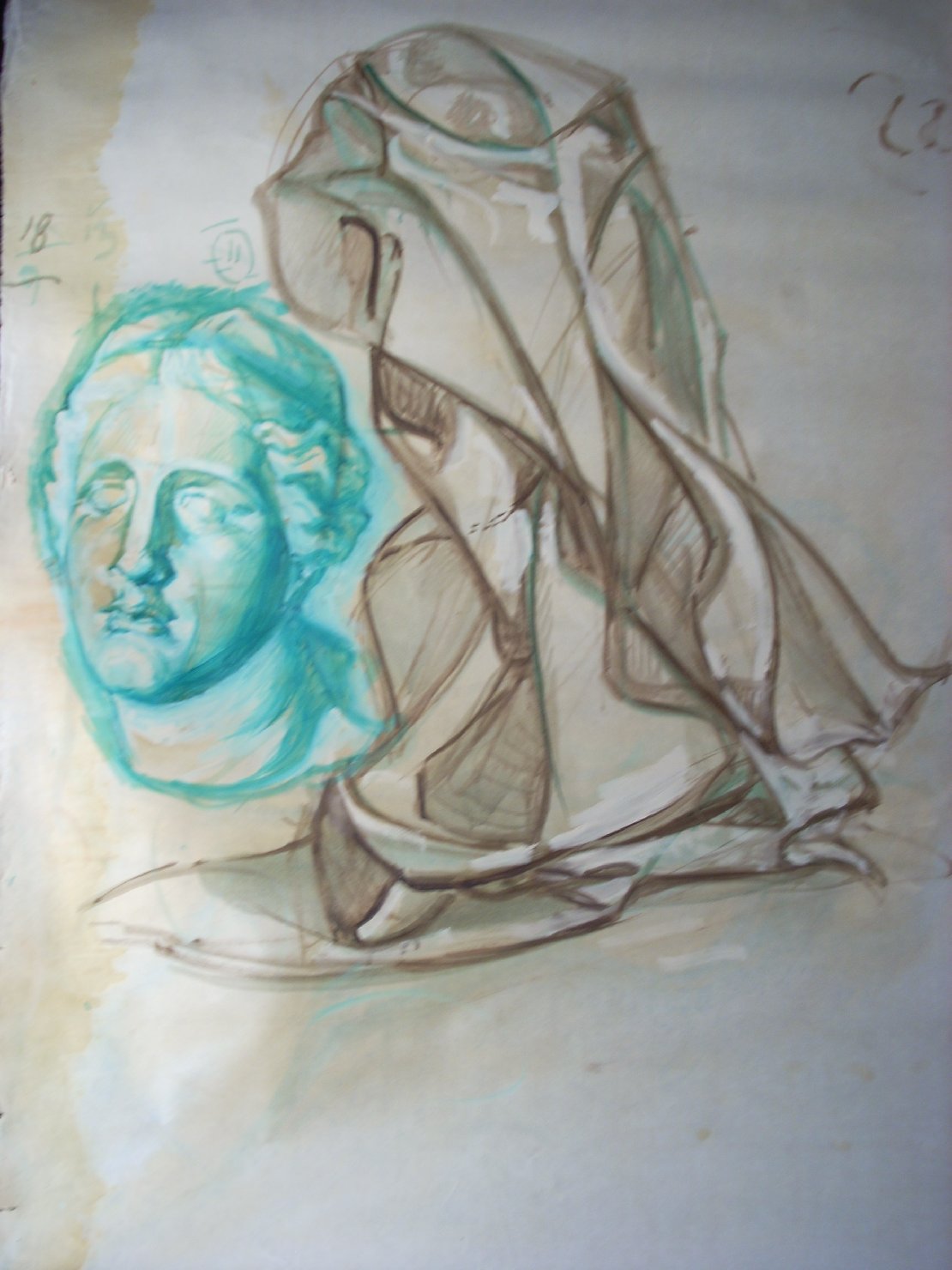 Piega in marrone e testa femminile in verde, testa di donna (disegno) di Ciamarra Elena (sec. XX)