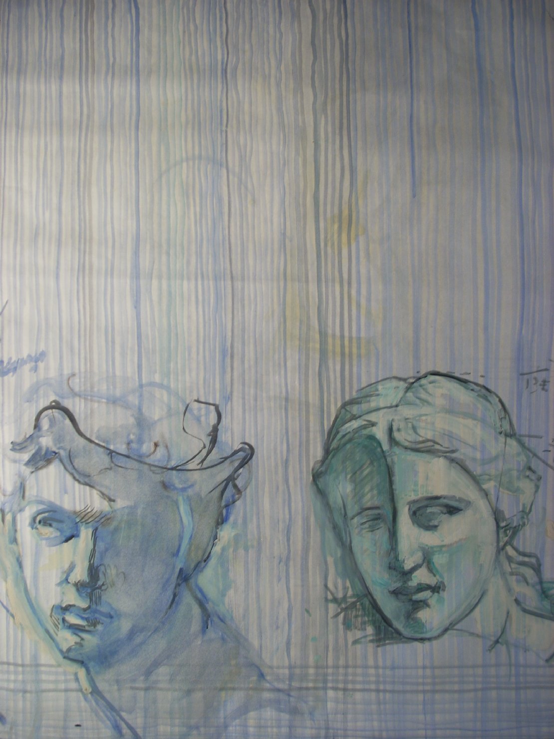Due teste di gesso in bianco e blu, studio di teste (disegno) di Ciamarra Elena (sec. XX)