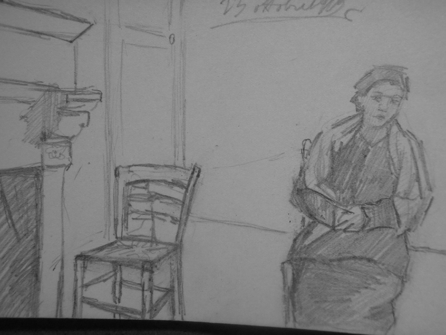 Figura femminile con sedia vicino al caminetto, figura femminile seduta (disegno) di Ciamarra Elena (sec. XX)