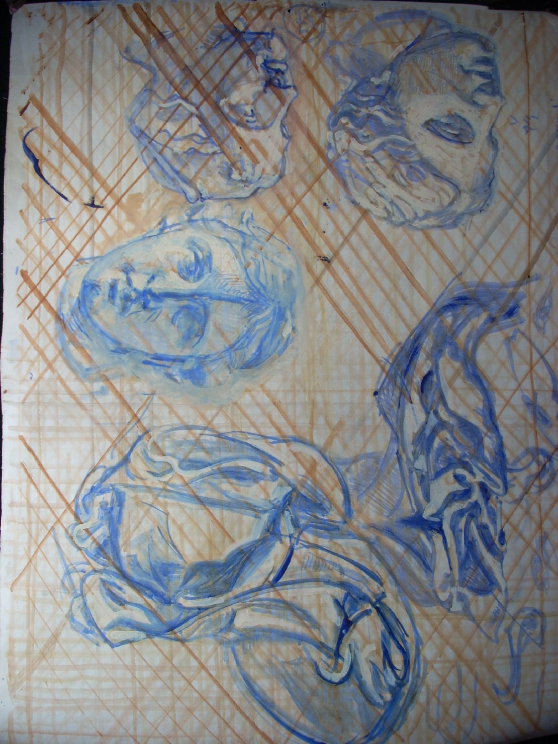 Tre teste e tre pieghe in blu, testa di donna (disegno) di Ciamarra Elena (sec. XX)