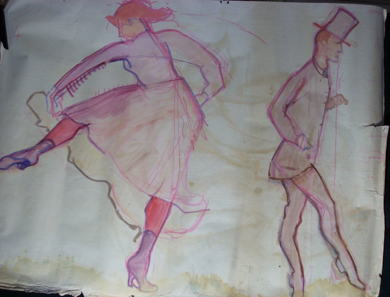 Studi da "Danseurs au moulin de la galette" (Toulouse Lautrec), figure (disegno) di Ciamarra Elena (sec. XX)