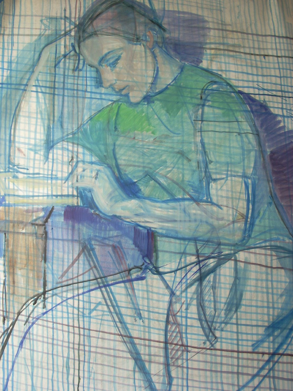 Ritratto di ragazza con mano sulla testa e libro, figura femminile seduta (disegno) di Ciamarra Elena (sec. XX)