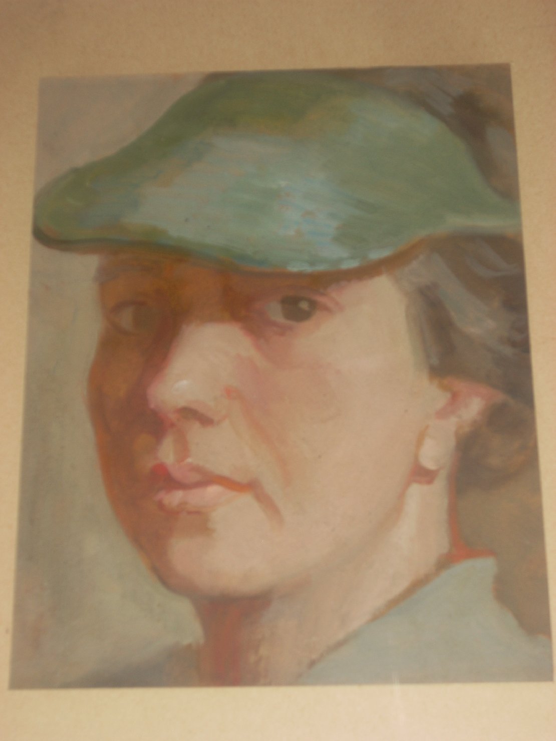 Autoritratto con visiera verde, ritratto di donna (dipinto) di Ciamarra Elena (sec. XX)