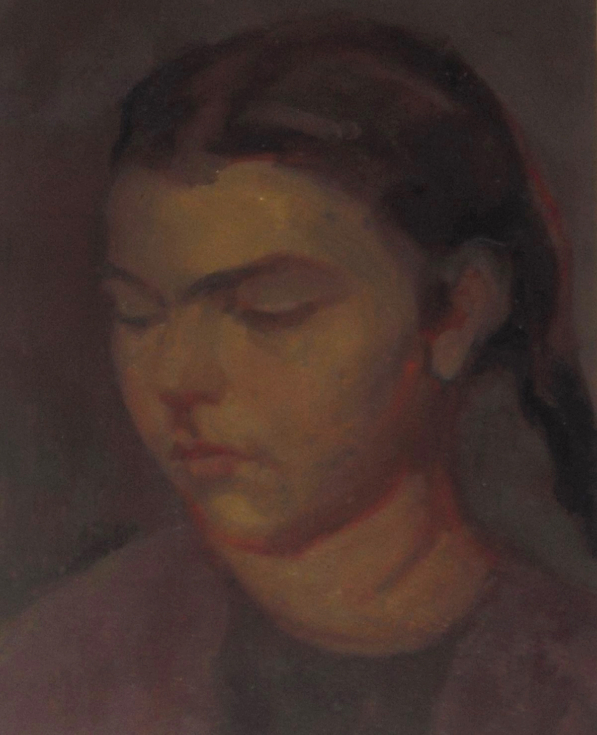 Minna bambina con maglia viola, bambina (dipinto) di Ciamarra Elena (sec. XX)