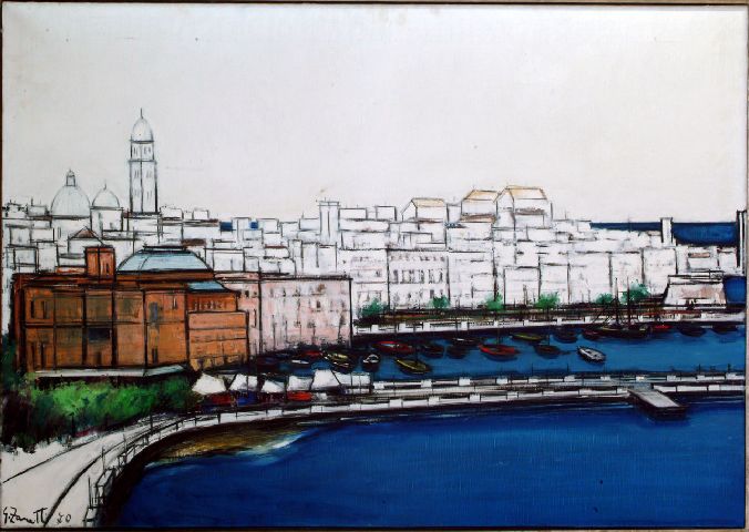 Il lungomare di Bari, Lungomare di Bari con veduta del teatro Margherita (dipinto) di Zanetti Giovanni (sec. XX)