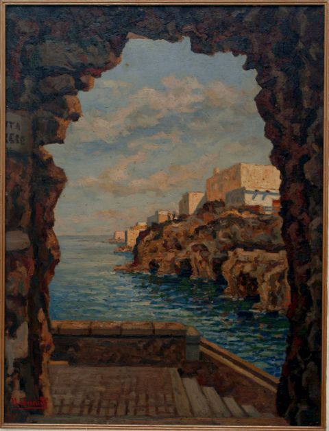 Grotte di Polignano, Paesaggio marino di Polignano a Mare (dipinto) di Leonardi Leonardo (seconda metà sec. XX)