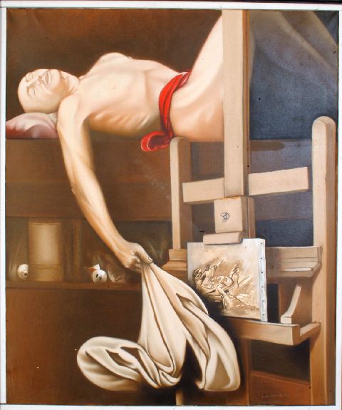 Natura morta e figura virile, Figura maschile distesa su un letto, in primo piano un cavalletto con una tela dipinta (dipinto) di Morelli Leo (sec. XX)