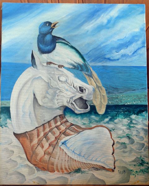 Presagio, Testa di cavallo marino su una spiaggia (dipinto) di Ferri Enzo (sec. XX)