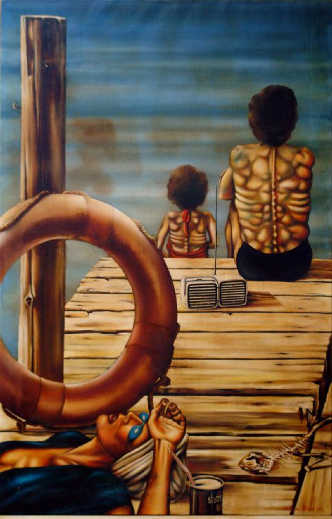 Sul molo, Uomo e bambino seduti visti di spalle e una donna distesa su un molo (dipinto) di D'Elena Giuliano (sec. XX)