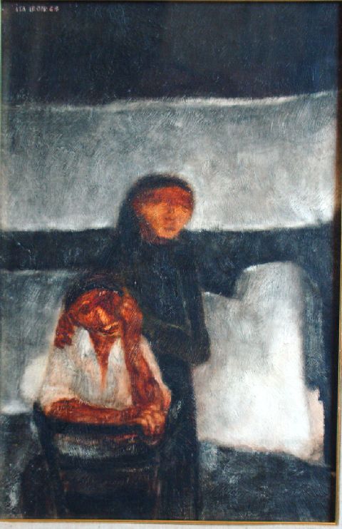 Problematica, uomo seduto pensoso con accanto una donna (dipinto) di Leoni Isa (sec. XX)