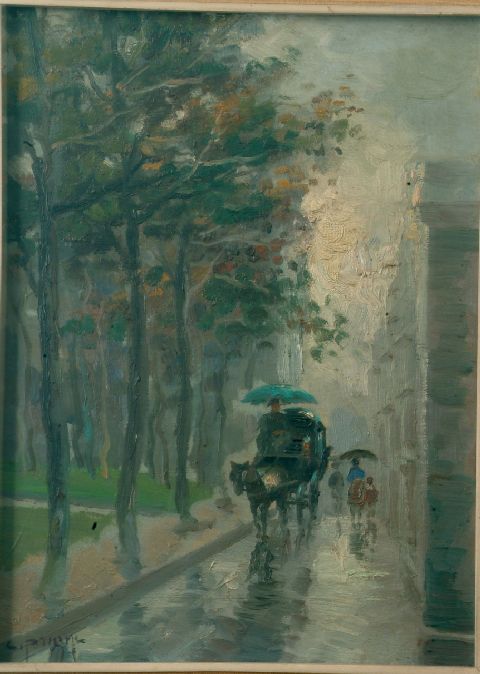 Carrozza sotto la pioggia, una carrozza sotto la pioggia (dipinto) di Cipriani Ciro (seconda metà sec. XX)