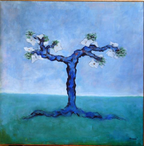 Il vecchio albero, albero con fiori (dipinto) di Maranò Franca (seconda metà sec. XX)