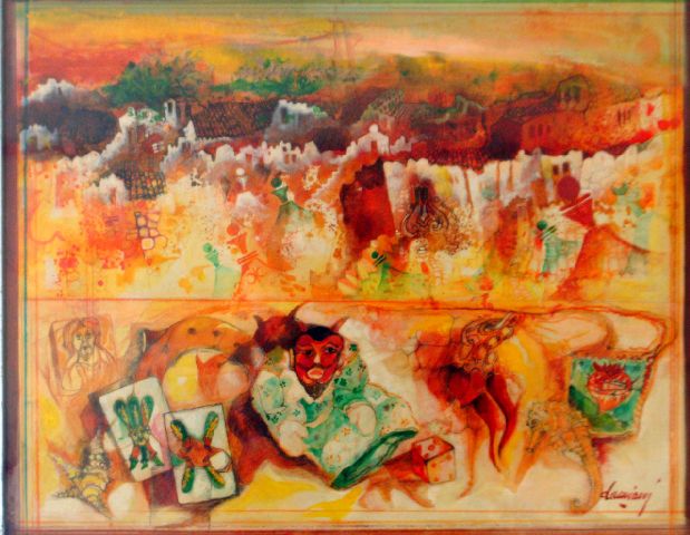 Napoletanata, carte da gioco e maschere napoletane (dipinto) di Damiani Michele (seconda metà sec. XX)