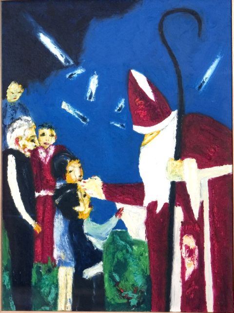 San Nicola e i bambini n. 9, santa Klaus e i bambini (dipinto) di Barbe Pascal (fine/ inizio secc. XX/ XXI)