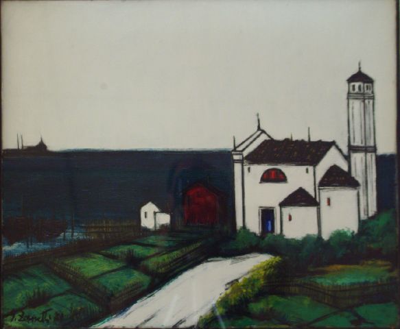 Paesaggio con chiesa e campanile, chiesetta romanica in campagna (dipinto) di Zanetti G (seconda metà sec. XX)