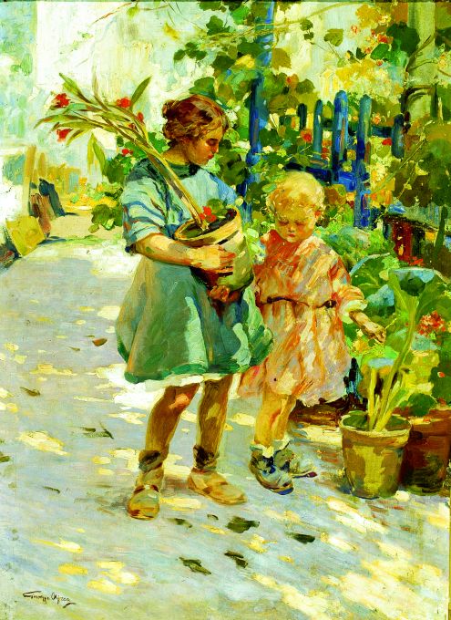 bimbi in terrazza, bambini (dipinto) di Aprea Giuseppe (sec. XX)