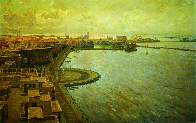 veduta del lungomare di Bari dalla torre del palazzo della Provincia (dipinto) di Lanave Antonio (sec. XX)