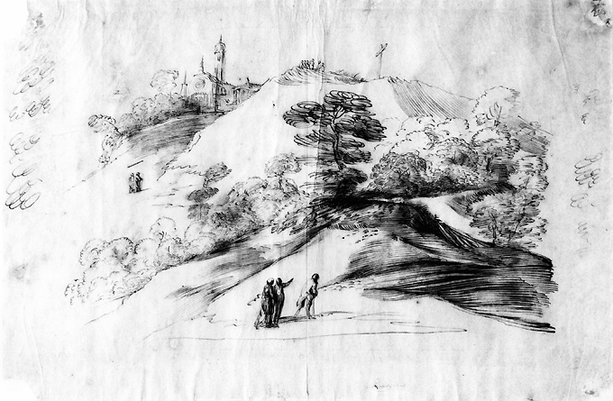 paesaggio con figure (disegno) di Falsario del Guercino (secondo quarto sec. XVII)